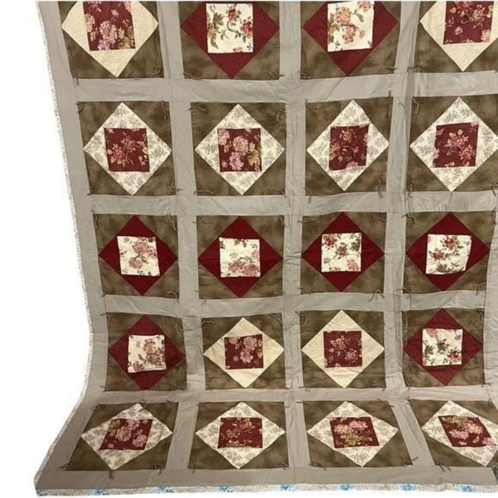Vintage Patchwork Quilt 66x82 Burgundy Floral Cottage Farmhouse Throw